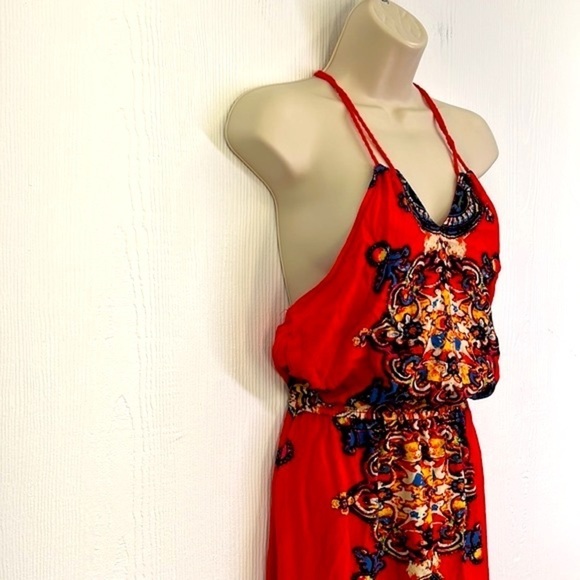 Forever 21 - Bright Orange With Colorful Design Halter Maxi Dress Size Small - Picture 5 of 11
